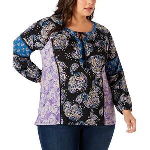 Style & Co. Womens Top Blue Plus Paisley Print Split Tie-Neck 3X NWT